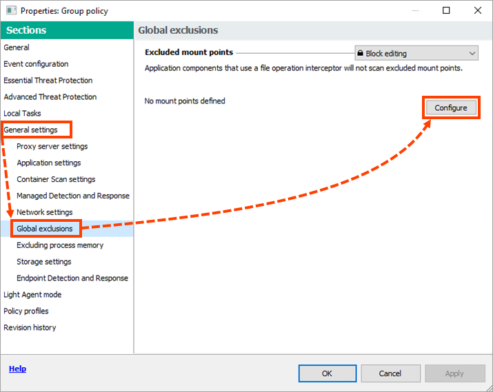 Proceeding to global exclusion settings in the Kaspersky Endpoint Security for Linux group policy.