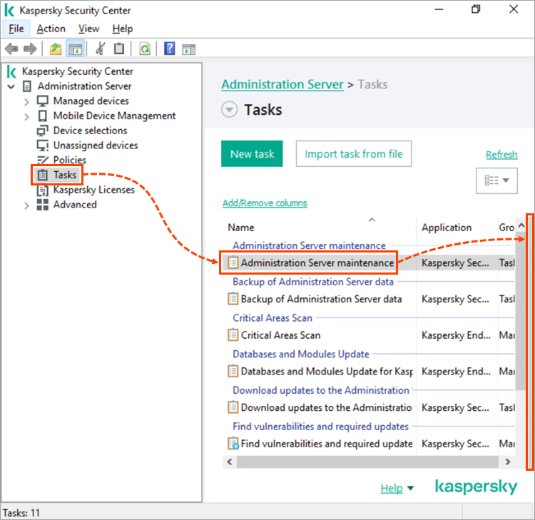Kaspersky Security Center Administration Console with the hidden task status display area.