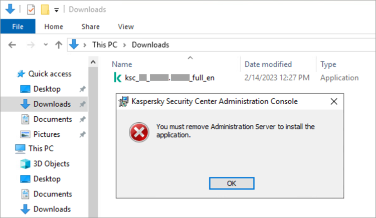 The You must remove Administration Server to install the application error when reinstalling Administration Console the Administration Server using an installation file.