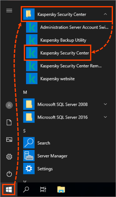 Opening Kaspersky Security Center Administration Console via the Start menu.