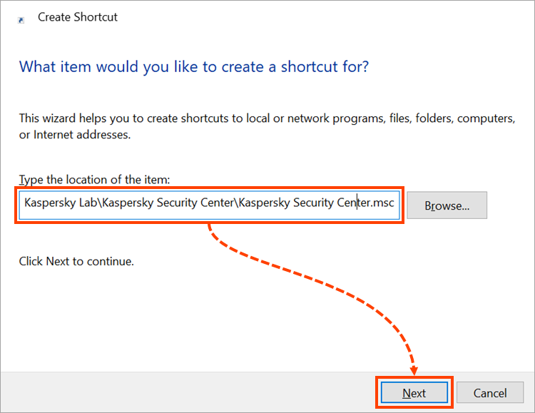 Entering the location to the .MSC file of Administration Console in the “Create shortcut” window.