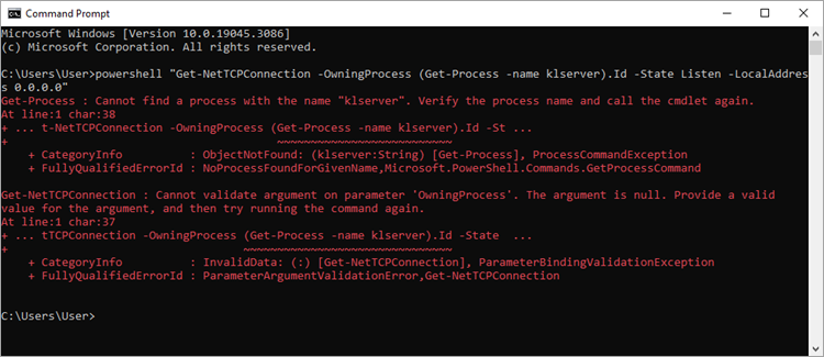 The “klserver process cannot be found” error when executing the command.