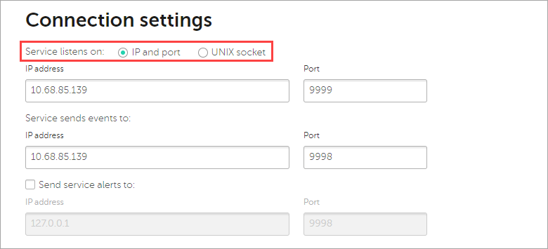 Selecting IP and port in the Service listens on toggle group.