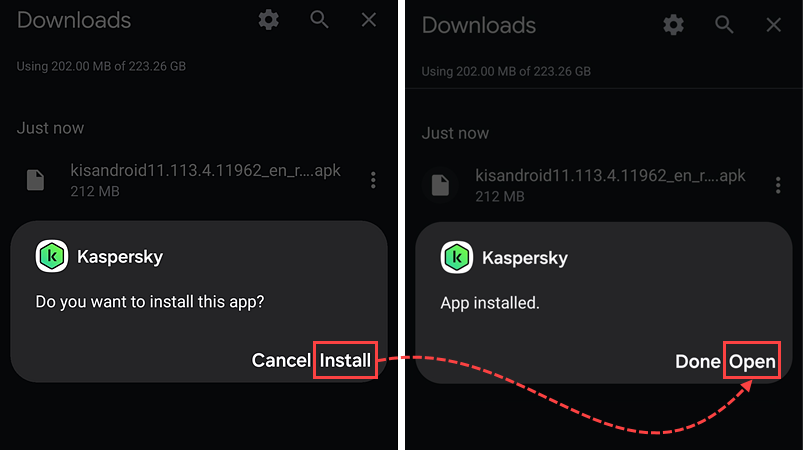 Installing Kaspersky for Android.