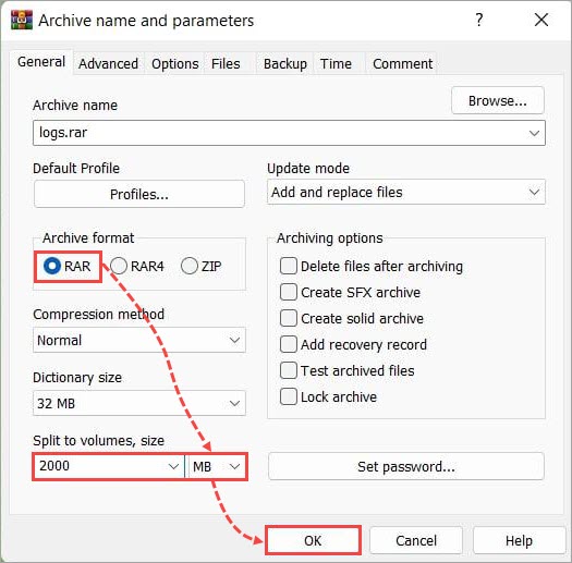 The Archive name and parameters window in WinRAR