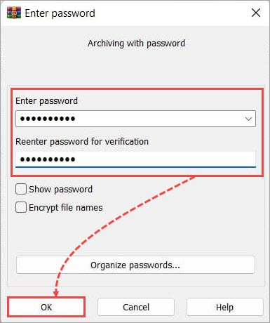 Setting the password for the archive in WinRAR