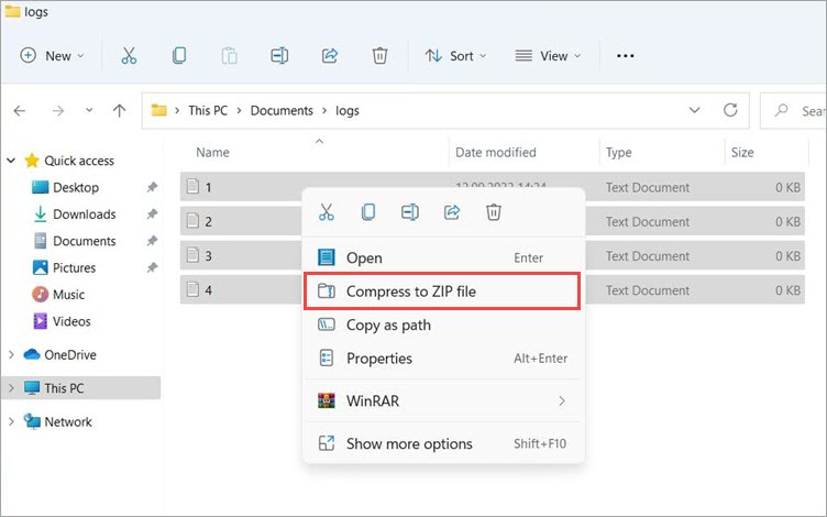 Creating an archive using standard Windows tools in Windows 11