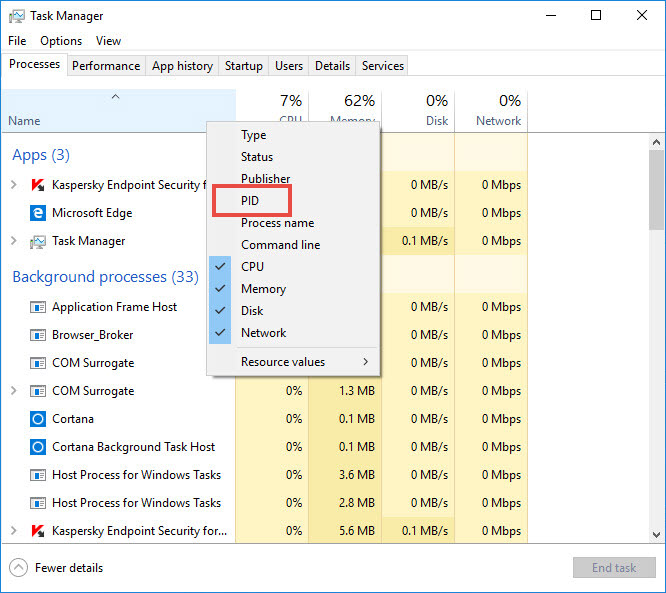 Adding the PID column in the Task Manager window.