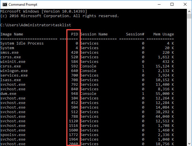 The PID column in the Windows command prompt.