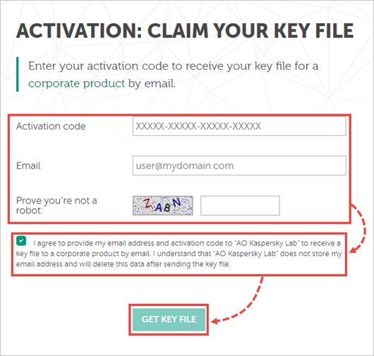 Receiving a key file for a Kaspersky business application.