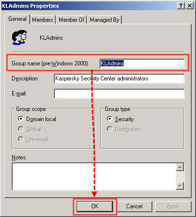 Editing group properties in the “Active Directory Users and Computers” snap-in.