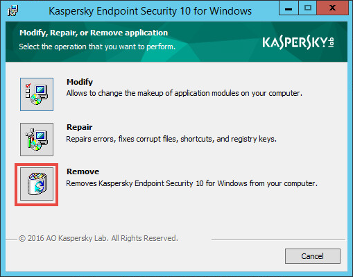 Removing Kaspersky Endpoint Security 10 for Windows
