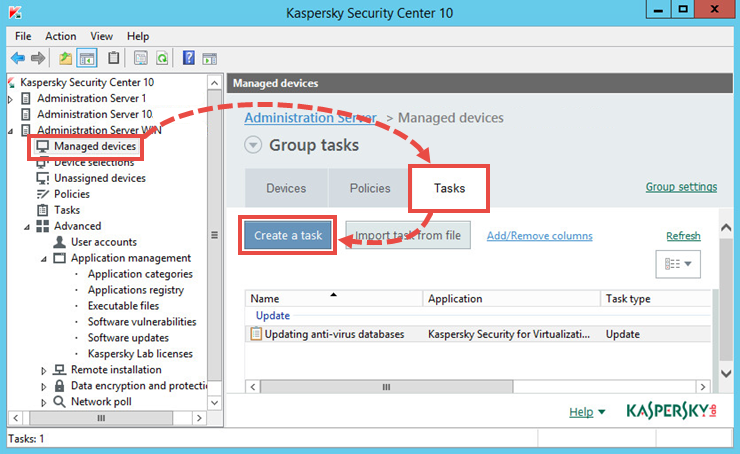 The window for creating a group task in Kaspersky Security Center 10 
