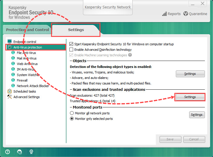 Going to the trusted zone settings in Kaspersky Endpoint Security 10 for Windows