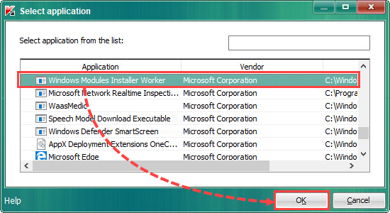 Selecting a trusted application in Kaspersky Endpoint Security 10 for Windows