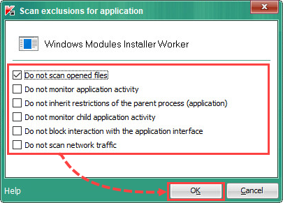Configuration of scan exclusions for trusted applications in Kaspersky Endpoint Security 10 for Windows
