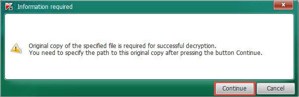 Specifying the path to the original file in Kaspersky Rannoh Decryptor.