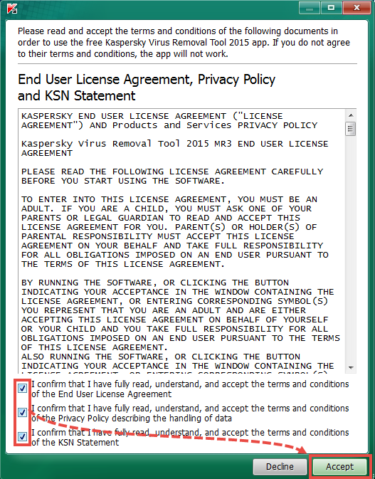 The license agreement and the privacy policy window