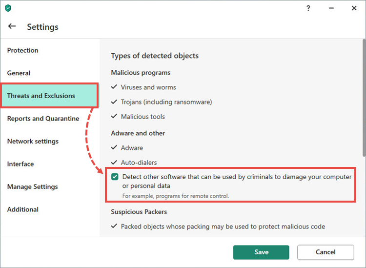 Threats and exclusions settings in a Kaspersky application