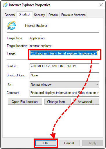 Checking properties of the Internet Explorer shortcut