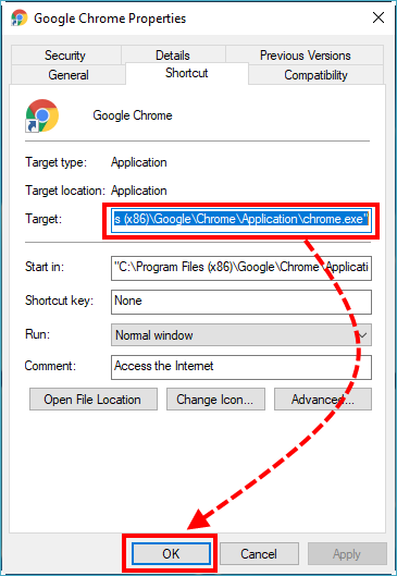 Checking properties of the Google Chrome shortcut