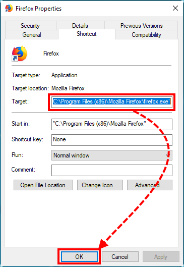 Checking properties of the Mozilla Firefox shortcut