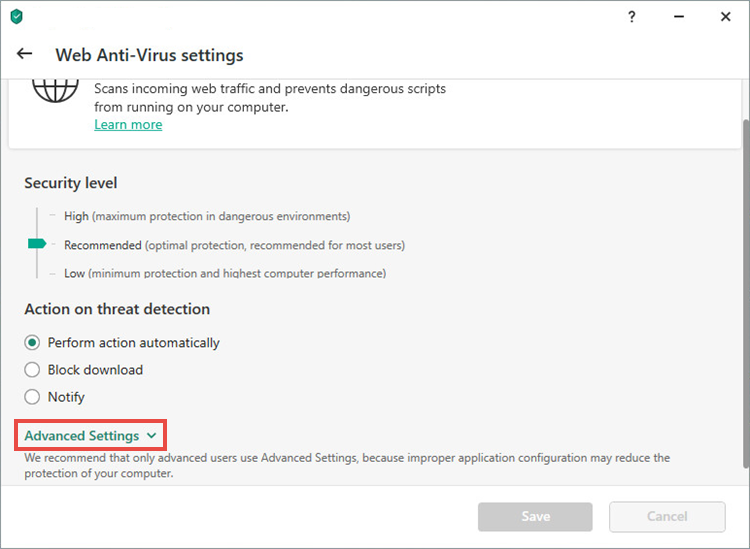 Web Anti-Virus settings in a Kaspersky application