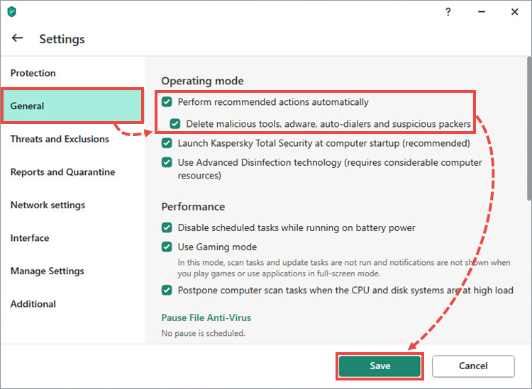 The general settings of a Kaspersky application