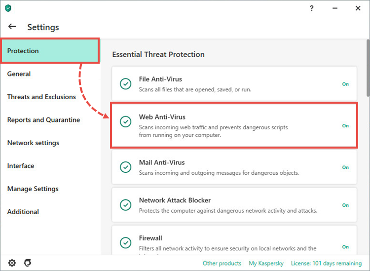 The protection settings in a Kaspersky application