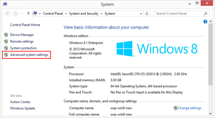 Opening advanced system settings on Windows 8