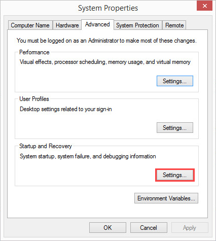 Opening startup and recovery settings