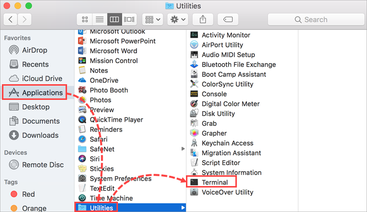 Opening the Terminal window in macOS