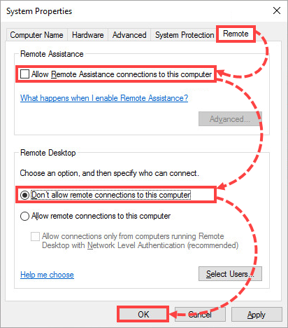 Denying remote connection to the computer in Windows 10.