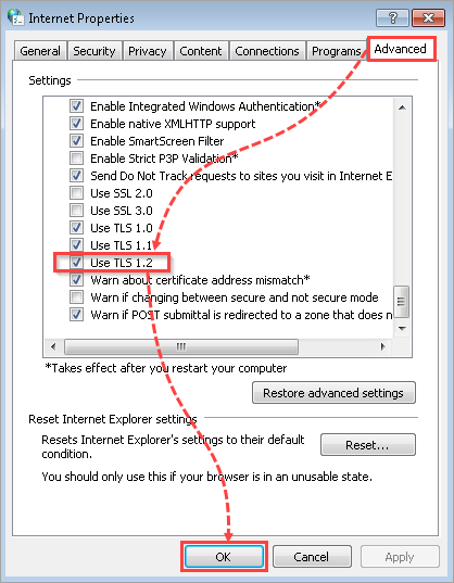 Selecting the Use TLS 1.2 check box in the Internet Properties.