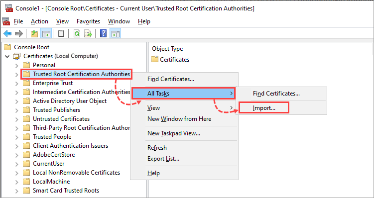 Importing the downloaded certificates to Trusted Root Certificate Authorities.