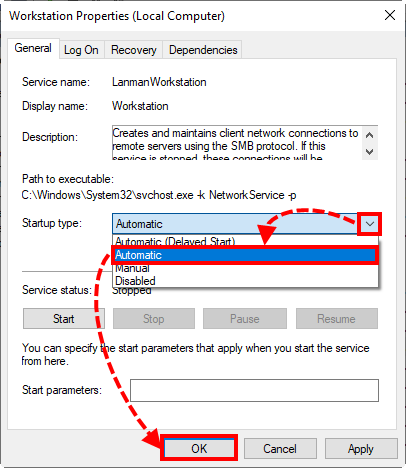 Selecting the automatical startup tupe of the Workstation service in Windows 10