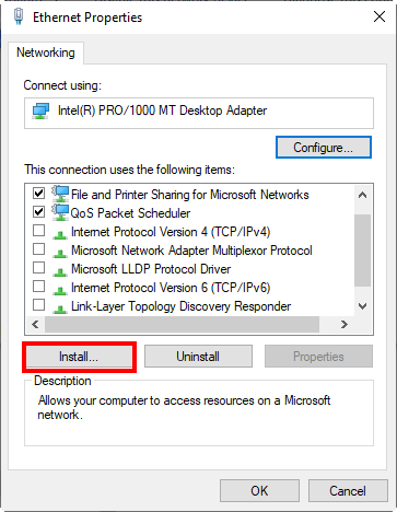 Going to Client for Microsoft Networks installation in Windows 10