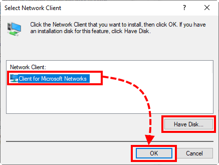 Selecting the network client in Windows 10