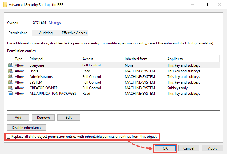 The Advanced security settings for BFE window with the Replace checkbox selected