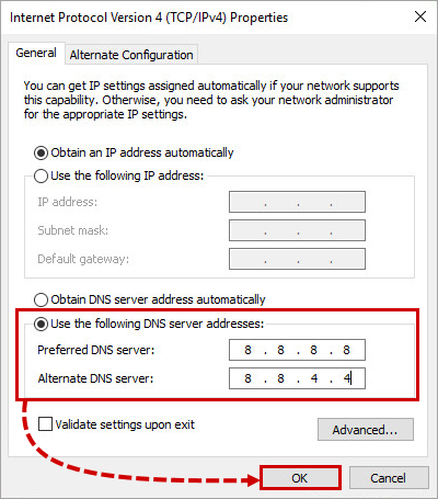Entering the DNS server addresses.