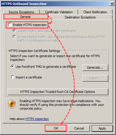 Disabling HTTPS inspection on Forefront TMG