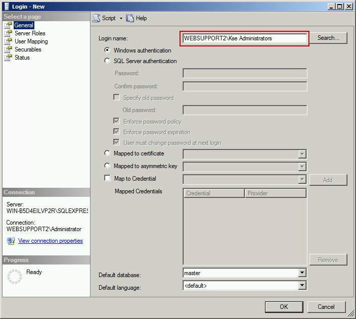 Creating a new login for the Kse Administrators group in Kaspersky Security 9.x for Microsoft Exchange Servers