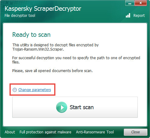 Opening the scan settings of ScraperDecryptor.