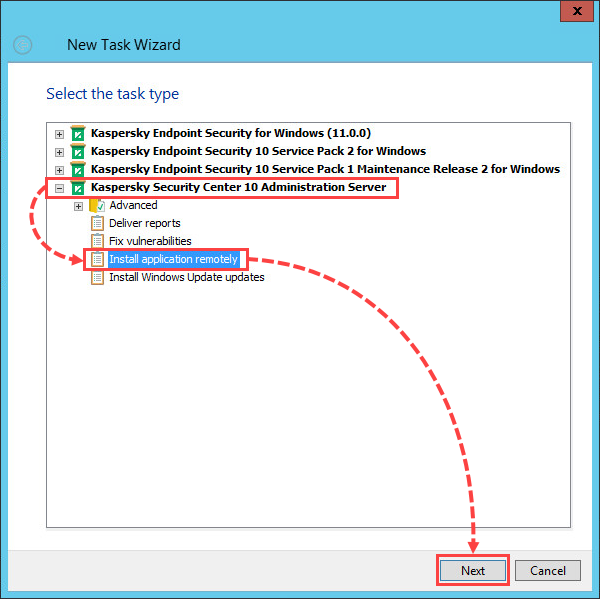 Selecting a task type in Kaspersky Security Center 10