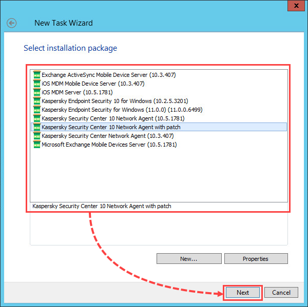 Selecting an installation package for Network Agent with patches in Kaspersky Security Center 10