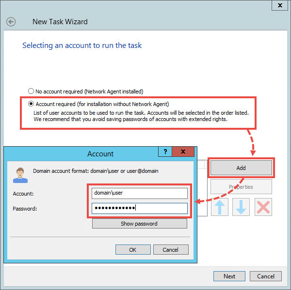 Selecting an account to run the task