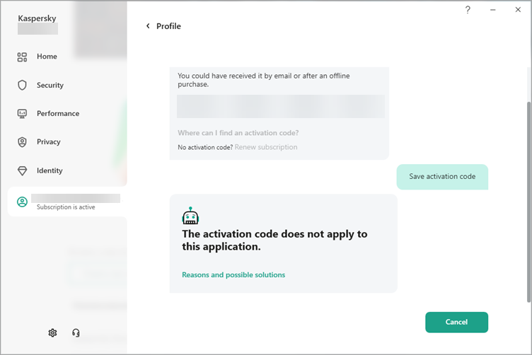 Error “The activation code does not apply to this application” in a Kaspersky application