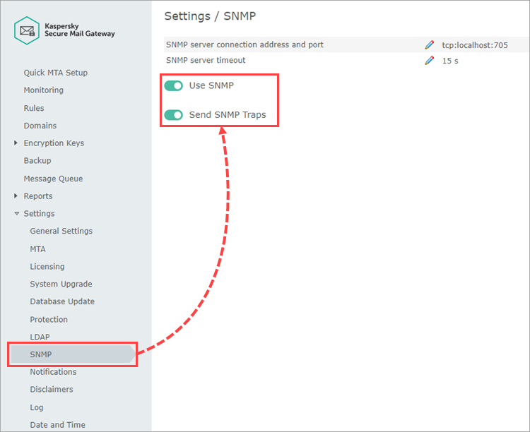 Managing SNMP traps in Kaspersky Secure Mail Gateway