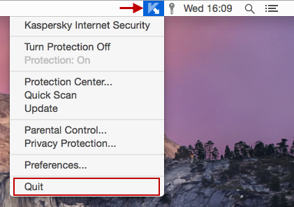 Screenshot: quit Kaspersky Internet Security 15 for Mac