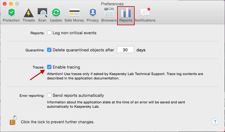 To get trace files in Kaspersky Internet Security 16 for Mac, check the appropriate box and reproduce the problem.